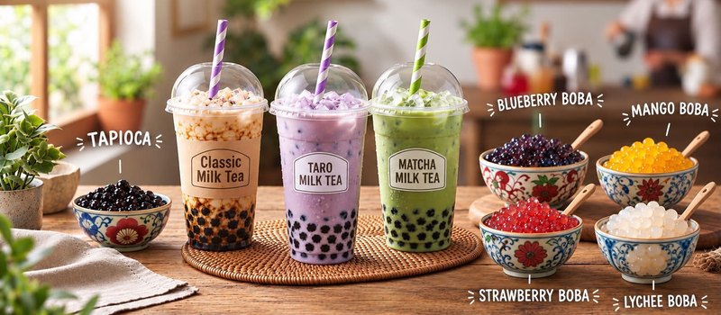 Classic, taro och matcha milk tea med tapioka, och skålar med popping boba i mango, jordgubb, blåbär och lychee