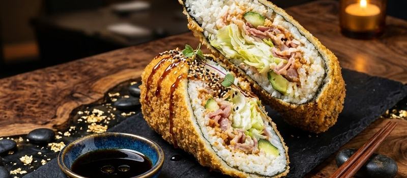 Friterad sushi burrito, delad