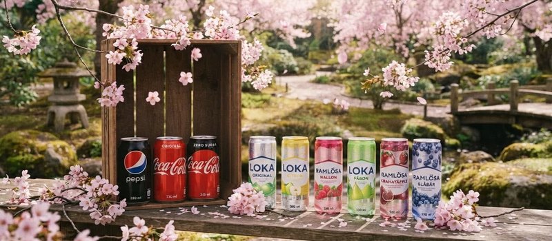 Läsk och kolsyrat vatten i burk på en bänk under blommande körsbärsträd