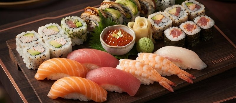 Sushifat med nigiri, maki och uramaki på mörkt träbräde