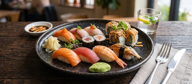 Nigiri, maki och uramaki på svart fat