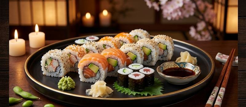 Maki och uramaki på svart fat