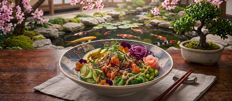 Poke bowl med lax, avokado, wakame och edamame